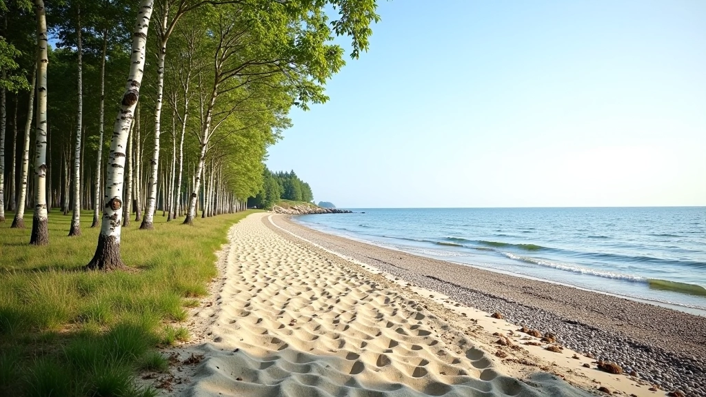 Maršruta beigu punkts, kur taciņa satiekas ar pludmali, plašs skats uz jūru, bērzi un smilts
